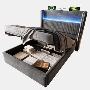 Cama com armazenamento,cama de solteiro de linho 90x200cm com luz led,cinza