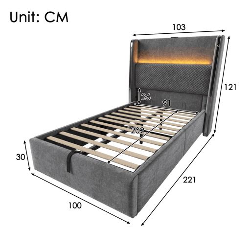 Cama com armazenamento,cama de solteiro de linho 90x200cm com luz led,cinza