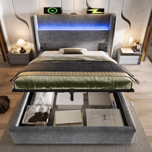 Cama com armazenamento,cama de solteiro de linho 90x200cm com luz led,cinza