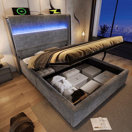 Cama com armazenamento,cama de solteiro de linho 90x200cm com luz led,cinza