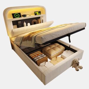 Cama com armazenamento,cama de solteiro de veludo 90x200cm com luz led,bege