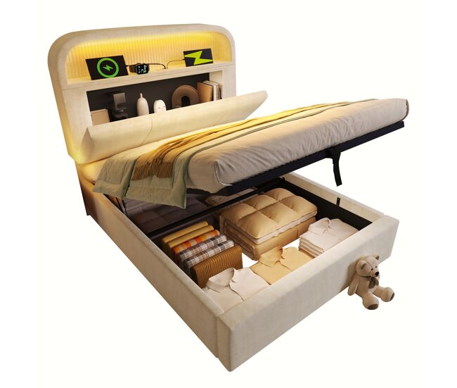 Cama con almacenaje,cama individual de terciopelo 90x200cm con luz led,beige