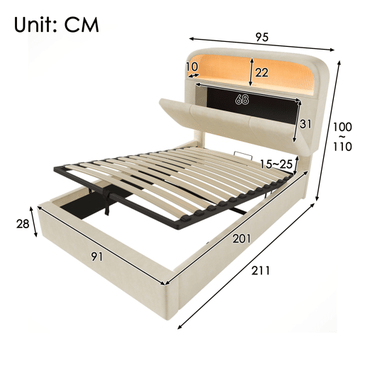 Cama com armazenamento,cama de solteiro de veludo 90x200cm com luz led,bege
