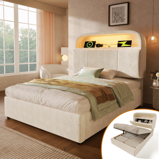 Cama com armazenamento,cama de solteiro de veludo 90x200cm com luz led,bege
