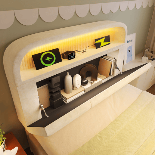 Cama com armazenamento,cama de solteiro de veludo 90x200cm com luz led,bege