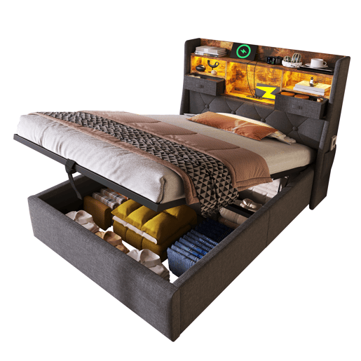 Cama com armazenamento,cama de solteiro de linho 90x200cm com luz led,cinza