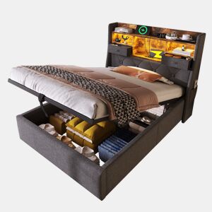 Cama com armazenamento,cama de solteiro de linho 90x200cm com luz led,cinza