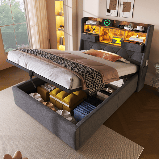 Cama com armazenamento,cama de solteiro de linho 90x200cm com luz led,cinza