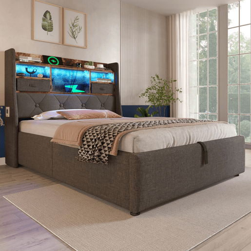 Cama com armazenamento,cama de solteiro de linho 90x200cm com luz led,cinza