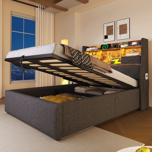 Cama com armazenamento,cama de solteiro de linho 90x200cm com luz led,cinza