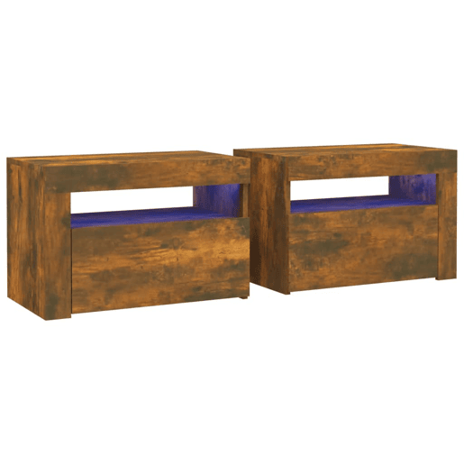 Lote de 2 Mesas De Cabeceira - Mesinhas De Cabeceira c LEDs 60x35x40 cm carvalho fumado