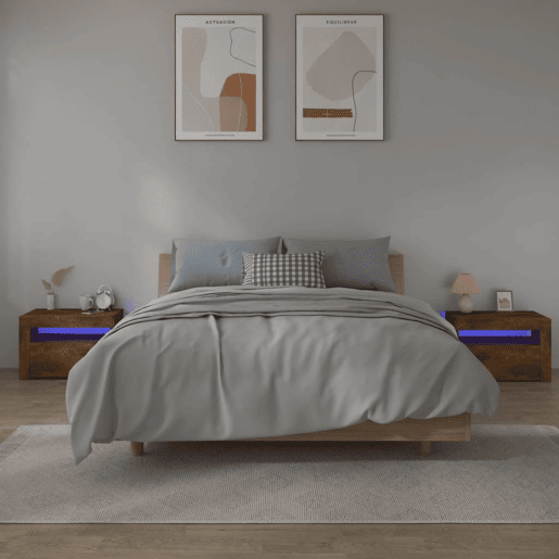 Lote de 2 Mesas De Cabeceira - Mesinhas De Cabeceira c LEDs 60x35x40 cm carvalho fumado