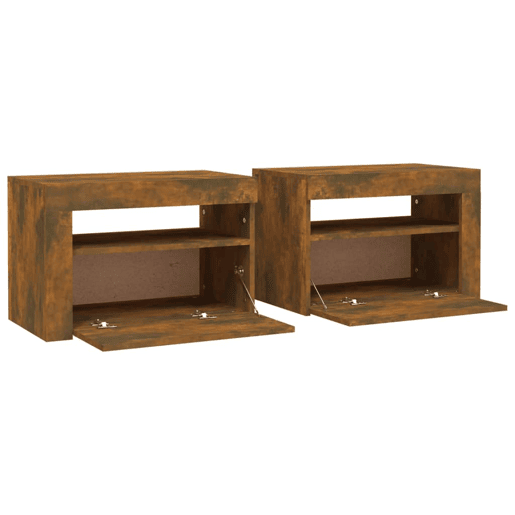 Lote de 2 Mesas De Cabeceira - Mesinhas De Cabeceira c LEDs 60x35x40 cm carvalho fumado