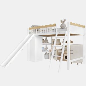 Cama alta,cama de criança de madeira de pinho 90x200cm,branco+natural