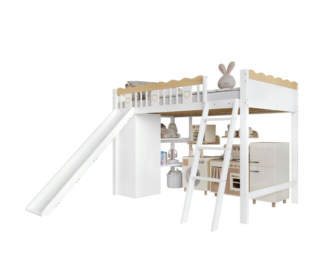 Cama alta,cama infantil de madera de pino 90x200cm,blanco+natural