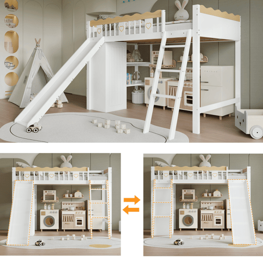 Cama alta,cama de criança de madeira de pinho 90x200cm,branco+natural