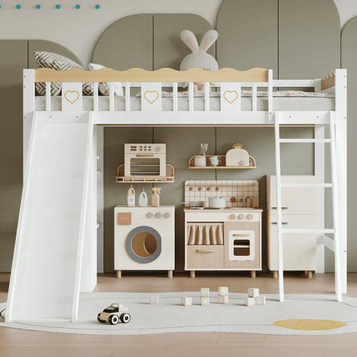 Cama alta,cama de criança de madeira de pinho 90x200cm,branco+natural
