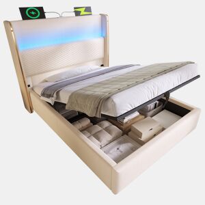 Cama com armazenamento,cama de solteiro de linho 90x200cm com luz led,bege