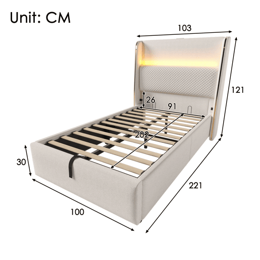 Cama com armazenamento,cama de solteiro de linho 90x200cm com luz led,bege