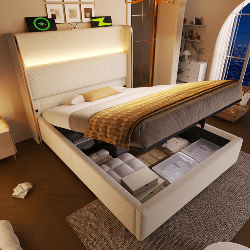 Cama com armazenamento,cama de solteiro de linho 90x200cm com luz led,bege