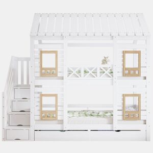 Beliche 90x200cm - Com proteção, janela, 2 gavetas, escada com 4 prateleiras - Branco+Natural