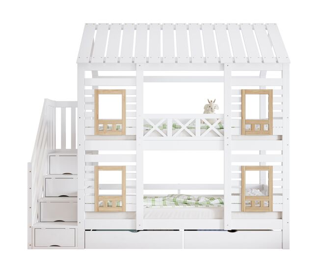 Cama litera 90x200cm - con protección, ventana, 2 cajones, escalera con 4 estantes - blanco+natural