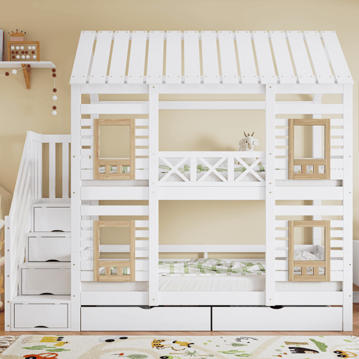 Beliche 90x200cm - Com proteção, janela, 2 gavetas, escada com 4 prateleiras - Branco+Natural