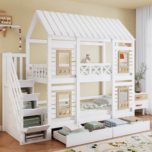 Beliche 90x200cm - Com proteção, janela, 2 gavetas, escada com 4 prateleiras - Branco+Natural