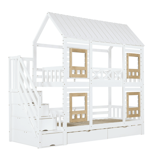 Beliche 90x200cm - Com proteção, janela, 2 gavetas, escada com 4 prateleiras - Branco+Natural