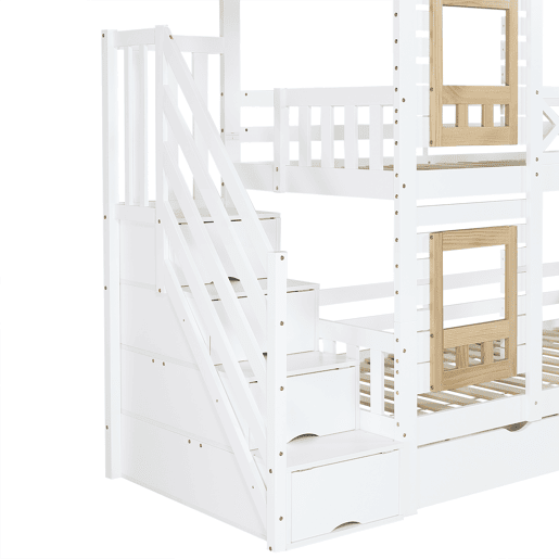 Beliche 90x200cm - Com proteção, janela, 2 gavetas, escada com 4 prateleiras - Branco+Natural