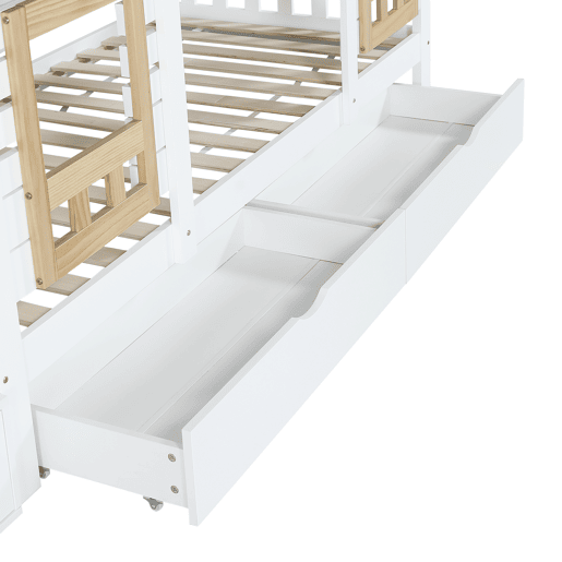 Beliche 90x200cm - Com proteção, janela, 2 gavetas, escada com 4 prateleiras - Branco+Natural