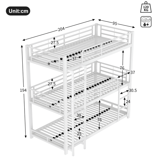 Cama beliche tripla em metal 90x200 cm - para crianças, adolescentes e adultos - branco