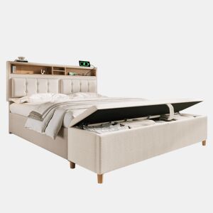 Cama com armazenamento,cama de casal de linho 140x200cm,bege