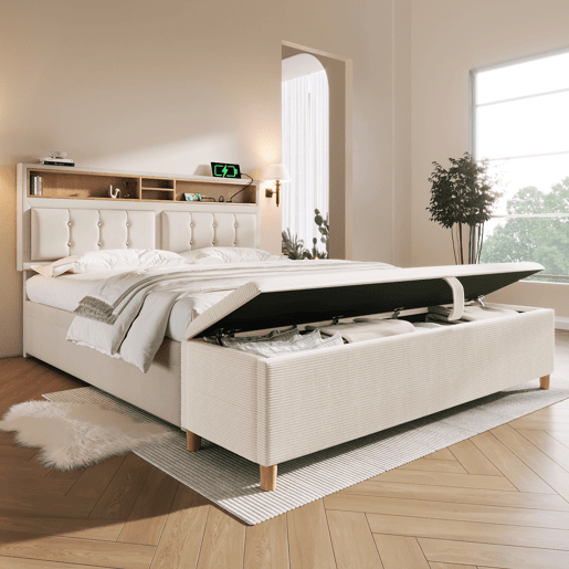Cama com armazenamento,cama de casal de linho 140x200cm,bege