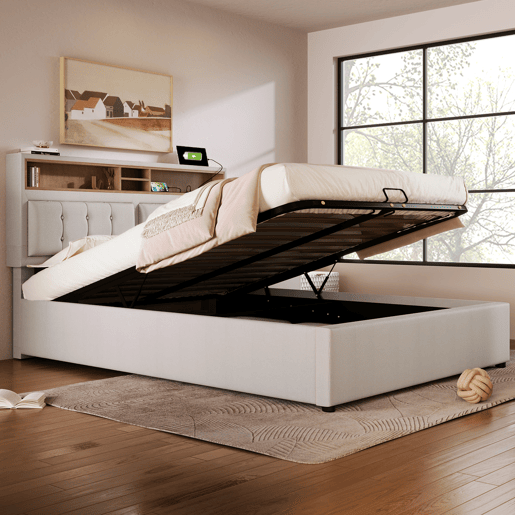 Cama com armazenamento,cama de casal de linho 140x200cm,bege