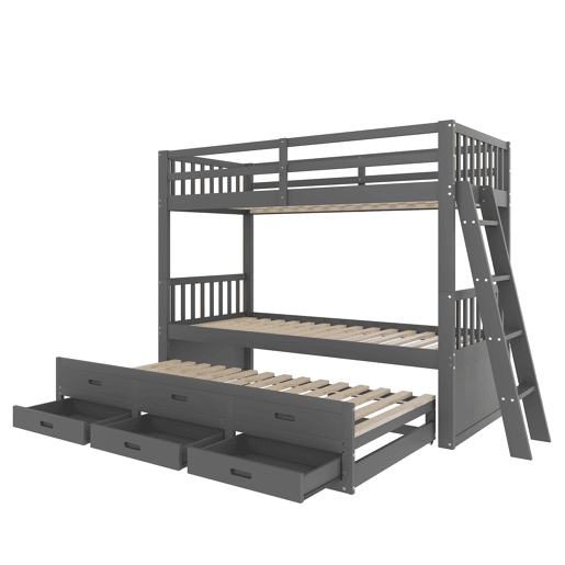 Litera 90x200cm - Cama infantil, cama tipo casa, estrutura em pinho e MDF com escada e cama extraível com 3 gavetas - Cinza