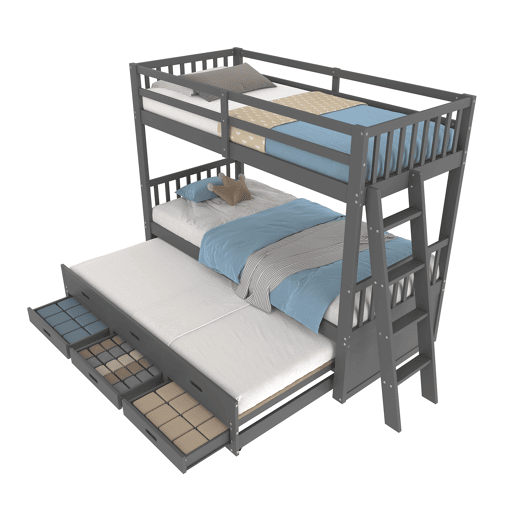 Litera 90x200cm - Cama infantil, cama tipo casa, estrutura em pinho e MDF com escada e cama extraível com 3 gavetas - Cinza