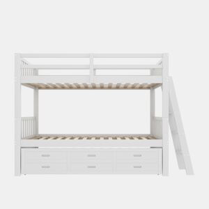 Cama beliche 90x200cm - Cama infantil com escada, cama extraível e 3 gavetas, estrutura em madeira de pinho e MDF - Branco