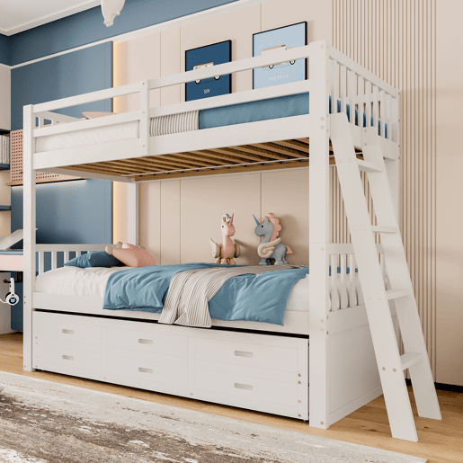 Cama beliche 90x200cm - Cama infantil com escada, cama extraível e 3 gavetas, estrutura em madeira de pinho e MDF - Branco