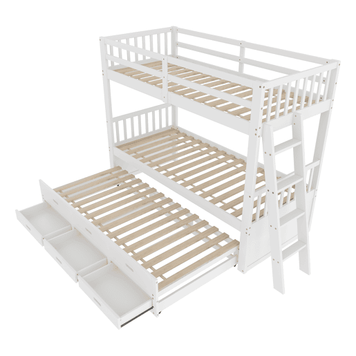Cama beliche 90x200cm - Cama infantil com escada, cama extraível e 3 gavetas, estrutura em madeira de pinho e MDF - Branco