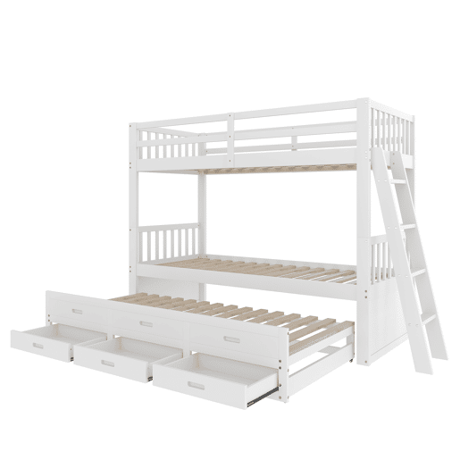 Cama beliche 90x200cm - Cama infantil com escada, cama extraível e 3 gavetas, estrutura em madeira de pinho e MDF - Branco