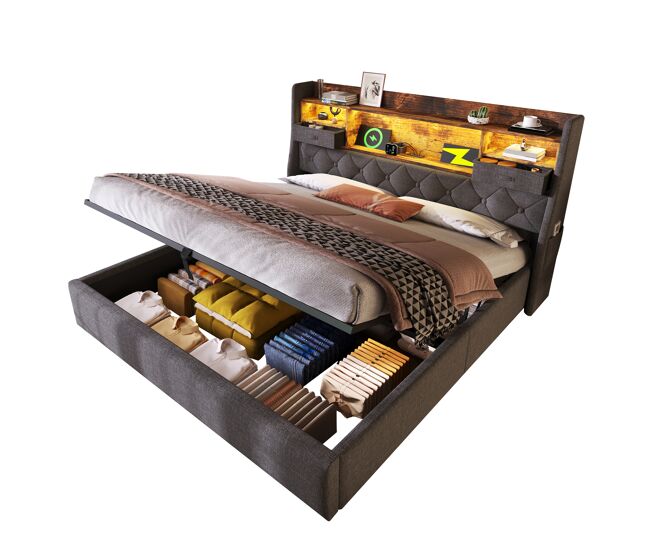 Cama de matrimonio de lino 180x200cm con luz led,gris