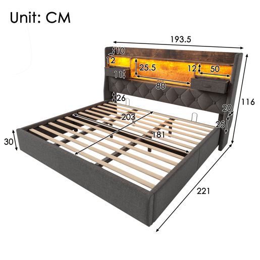 Cama de casal de linho 180x200cm com luz led,cinza