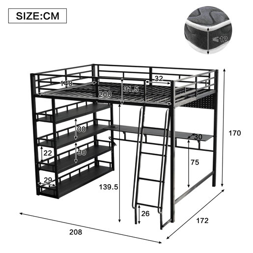 Cama alta,cama de criança de metal 140x200cm,preto