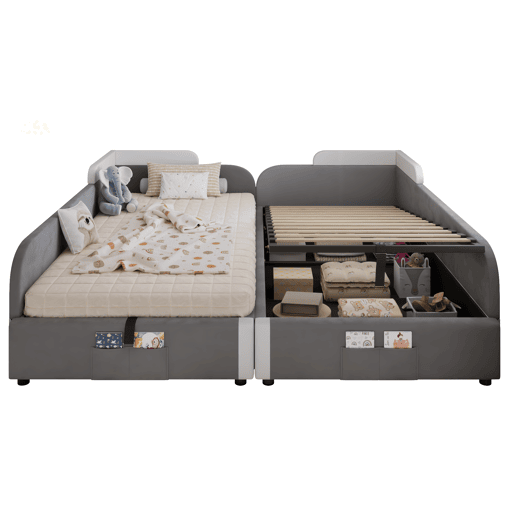 2 camas com armazenamento,cama de criança de veludo 2x90x200cm,cinza