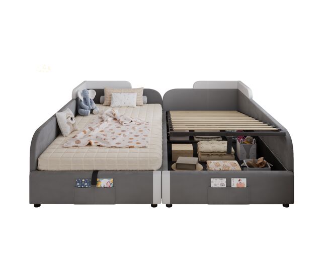 2 camas con almacenaje,cama infantil de terciopelo 2x90x200cm,gris