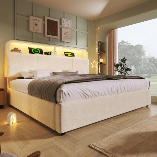 Cama com armazenamento,cama de casal de veludo 160x200cm com luz led,bege