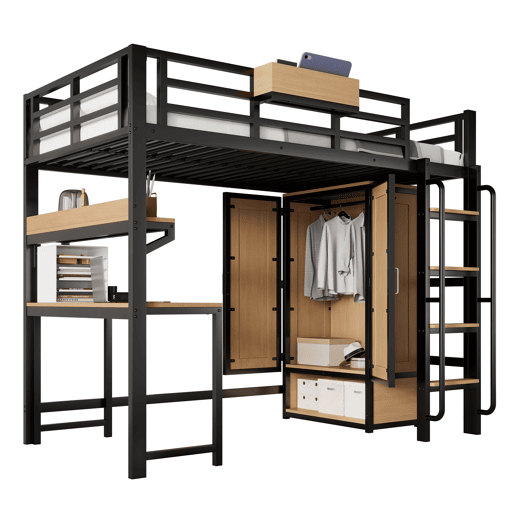 Cama alta,cama de criança de metal 90x200cm,preto+natural