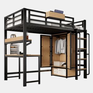 Cama alta,cama de criança de metal 90x200cm,preto+natural