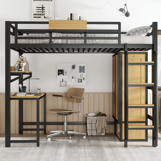 Cama alta,cama de criança de metal 90x200cm,preto+natural